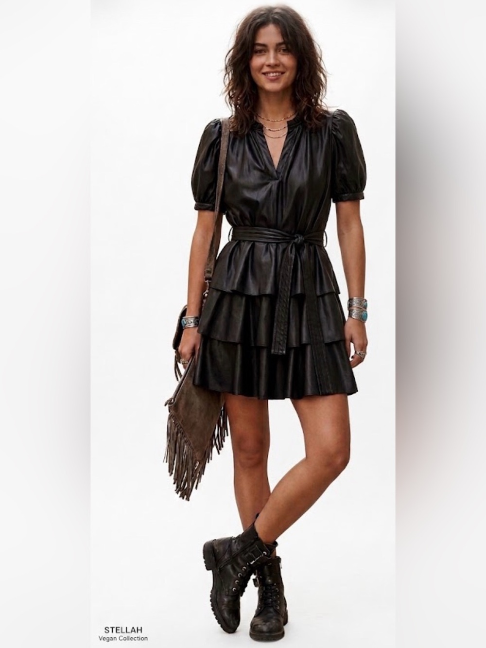 Stellah Vegan Leather Ruffle Mini Dress, Size Small [NWT]